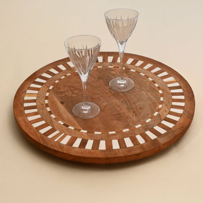 Wooden Lazy Susan Turntable | Mango Wood & Resin Rotating Serving Tray | White and Natural Decorative Table Centerpiece for Dining Table | Kitchen Counter | 20"