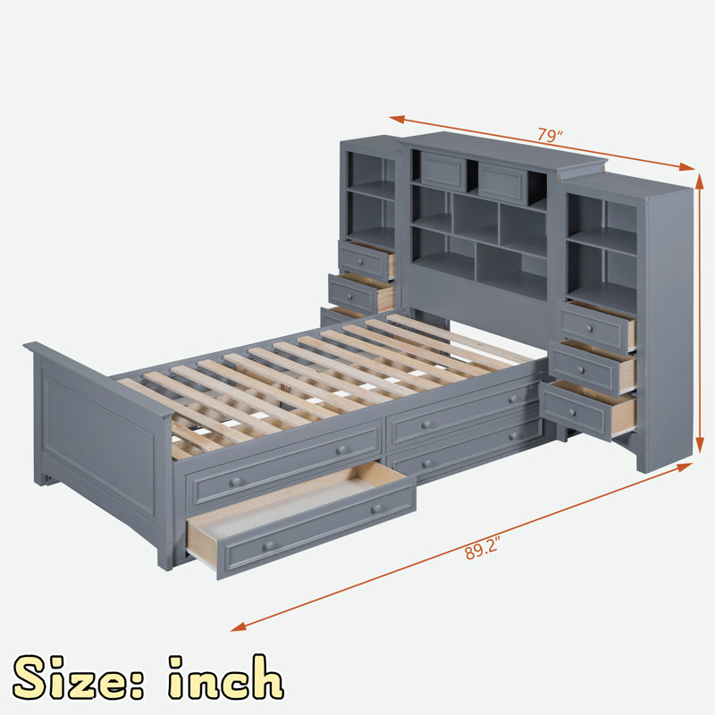 Lit plateforme en bois avec tiroirs et compartiments de rangement, Gris