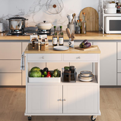Îlot de cuisine roulant avec armoire de rangement, 2 tiroirs, plateau en bois, roues verrouillables et porte-serviettes, chariot de cuisine mobile portable