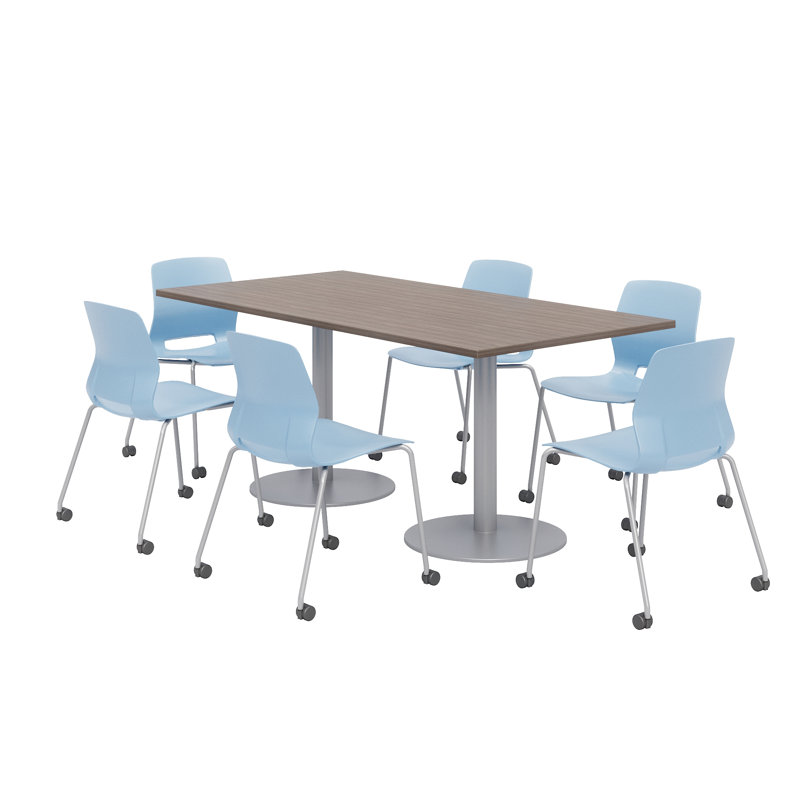 72" L Rectangular Breakroom Table and Chair Set, Studio Teak, Sky Blue