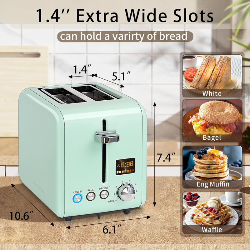 Toaster 2 Slice, Stainless Steel Bread Toaster LCD Display, 7 Bread Shade Settings, 1.4'' Wide Slots, Green