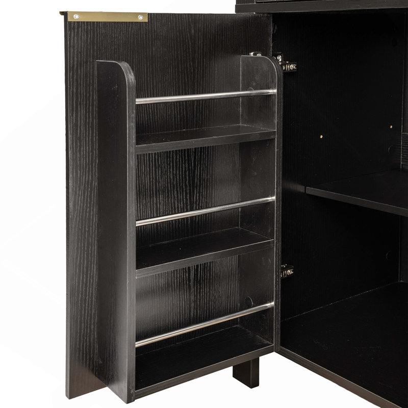 Grand garde-manger arqué cannelé de 71 po avec tablettes réglables, rangement élégant avec tiroir caché et porte vitrée pour la cuisine, le salon, la salle à manger, noir
