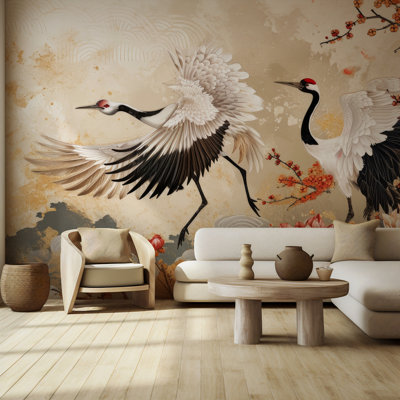 Japanese Crane Wall Mural | Chinoiserie Bird Peel and Stick Wallpaper | Asian Floral Nature Wall Decor for Living Room, Bedroom & Dining Room