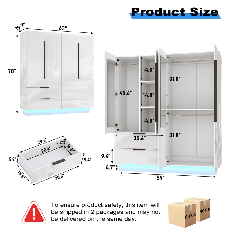 Armoire-penderie moderne ultrabrillante avec tablettes et tringle, Blanc