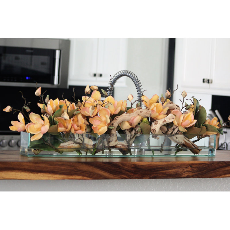 Magnolia Faux Floral Arrangement in Planter, Peach, 8" H x 36" W x 4" D