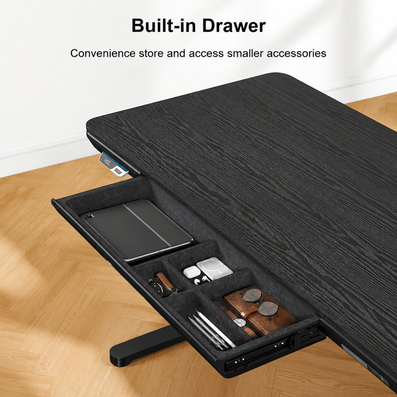 Bureau assis-debout réglable en hauteur (145 cm) avec chargeur de téléphone sans fil, ports USB 100 W, système anticollision, tiroir à éclairage DEL et contrôle par application, noir