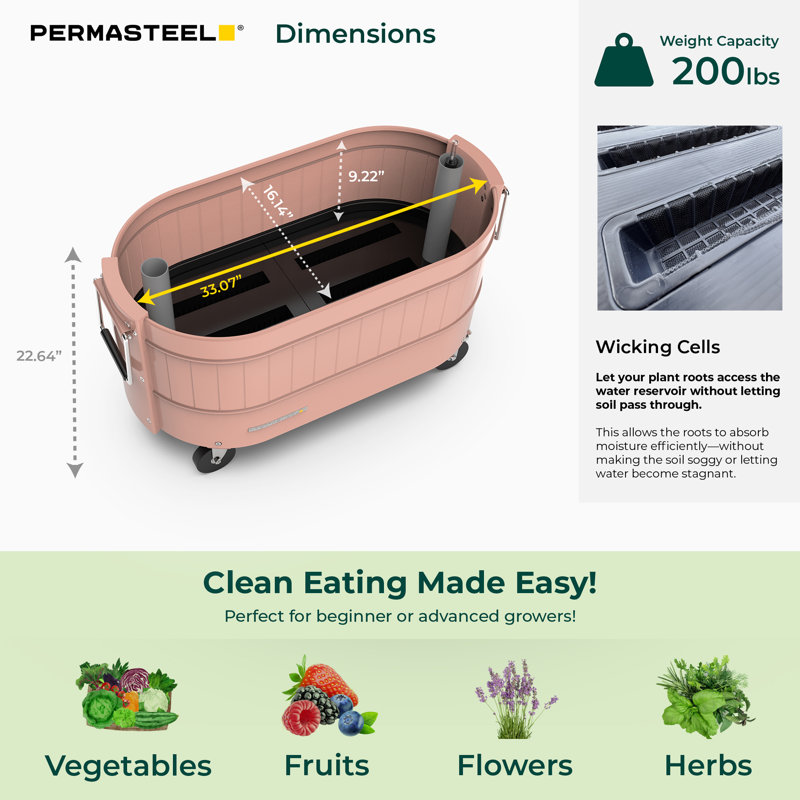 Permasteel Self-Watering Garden Bed, Rolling Planter For Vegetables, Flowers, Herbs, And Fruit, Outdoor Indoor, Caster Wheels, 