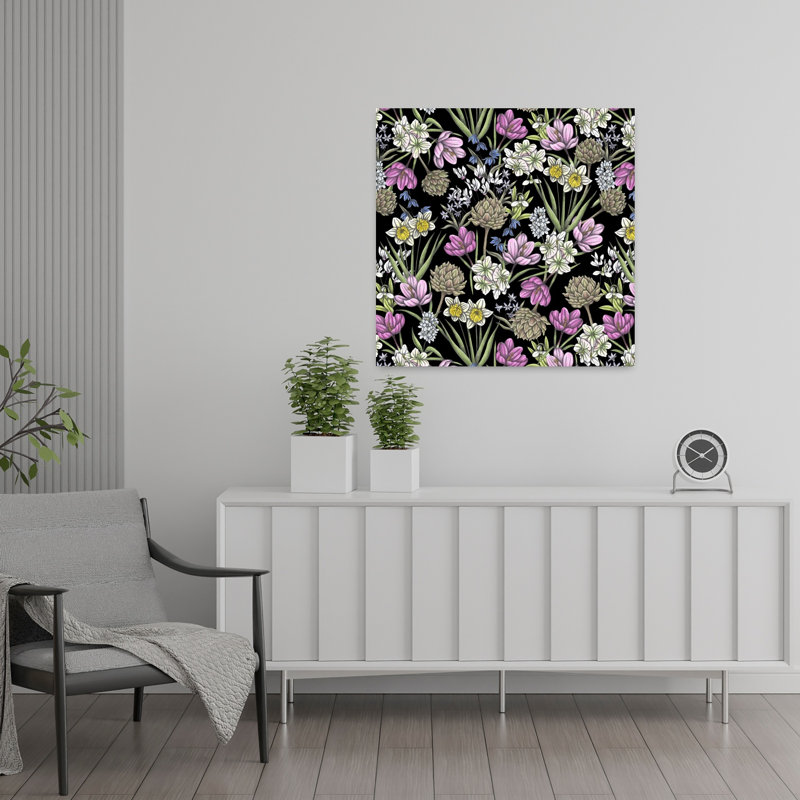 «Black Botanical Blooms Daffodil Hyacinth Flower Nature», art mural, H 24 po x l 24 po