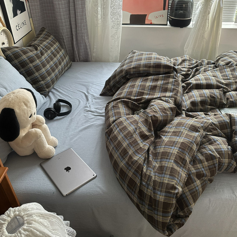 Ensemble de housse de couette à carreaux réversible 100% coton naturel délavé à motif quadrillé LifeTown 3 pièces avec fermeture à glissière