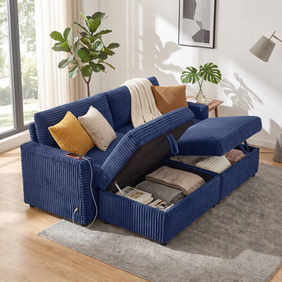 Comfortable Fluffy Corduroy Lazy Big Loveseat Couch, Super Soft Chaise Lounge 2-Seater Sofa with Double Storage Ottomans, Table Board & USB Port for Living Room
