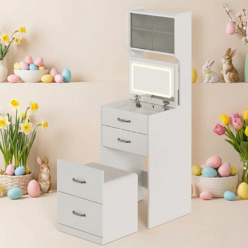 3-in-1 Vanity Desk with 3 Color LED, Compact Makeup Vanity Set with 2 AC Outlets & USB, Dressing Table with Drawers & Acrylic Doors, Nightstand Vanity Mirror, Jewelry Box, Cushioned Hidden Chair