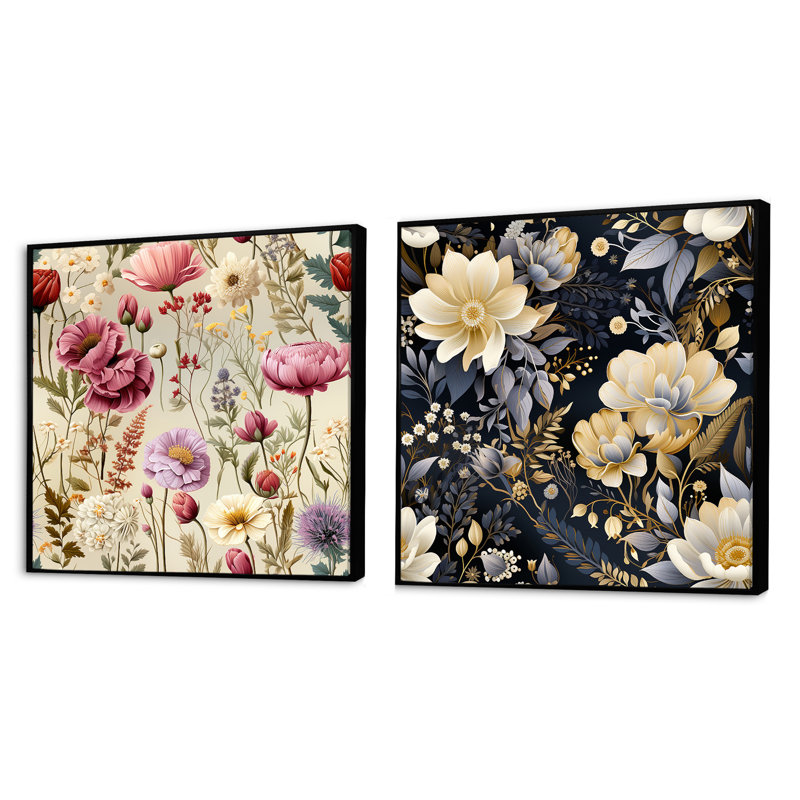 Aya - Floral Square Collage Set Of 2, Black Floater Framed, 16" H x 33" W