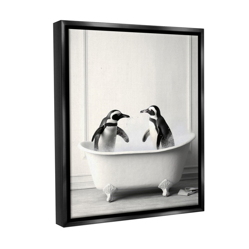 "Penguin Duo In Bath" par Lazar Studio sur toile, Cadre flottant noir de jais, H 21 po x l 17 po