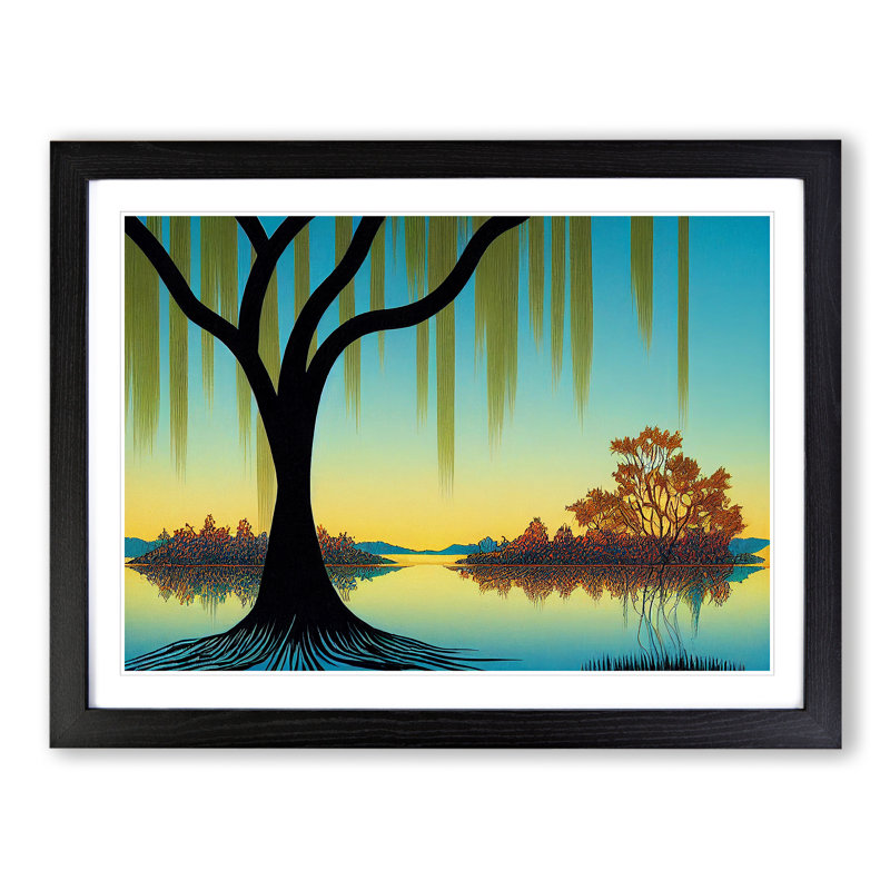 Exquisite Weeping Willow Tree - Single Picture Frame Painting, 34cm H x 46cm W x 2cm D, Black