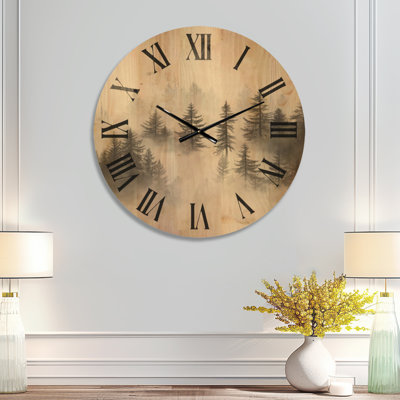 Oversized Wilderness Wooden Wall Clock – Monochrome Forest Grey and White Foggy Pines