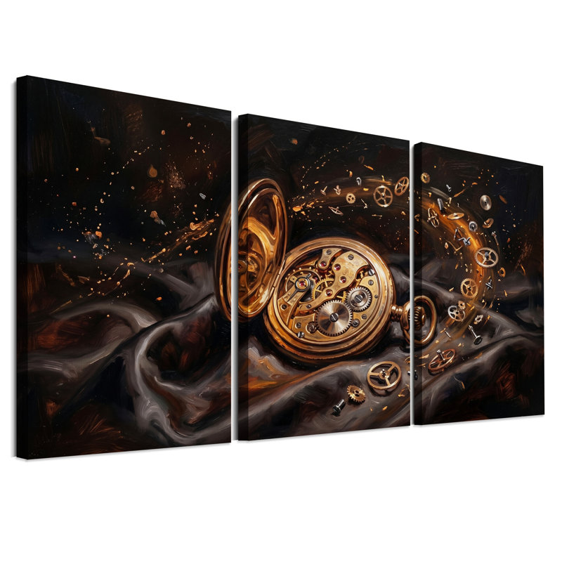 Toile dorée, montre de poche flottante, ensemble de 3 toiles d'art, H 18 po x l 12 po x 3 pièces