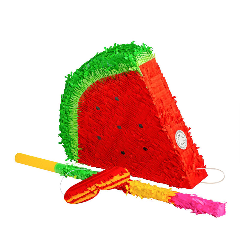 Fax Potato - Pinatas Watermelon Cardboard Pinata, Stick and Blindfold Set - W42cm x D9cm x H36cm - Red