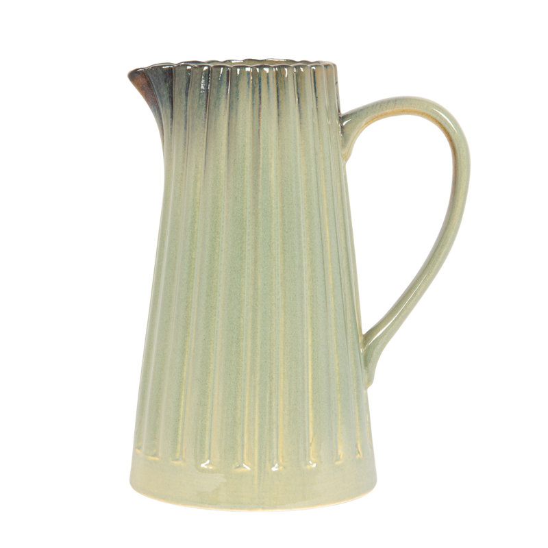Stoneware Ribbed Pitcher With Reactive Glaze, Green