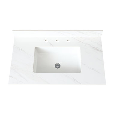 Plan de toilette de 94 cm (37 po) - Blanc, motif pierre frittée, lavabo rectangulaire, dosseret de 10 cm (4 po), trou de robinet pré-percé, effet marbre classique, glamour