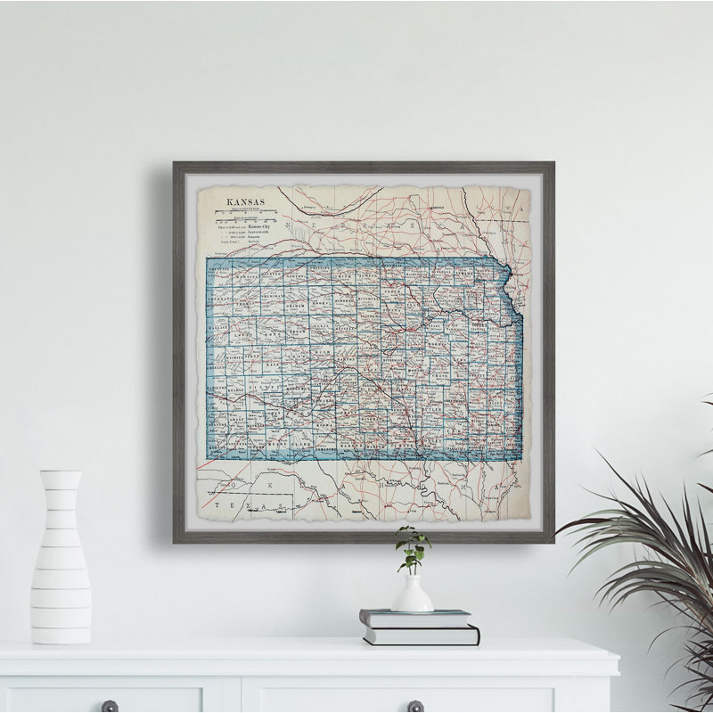 Carte rétro du Kansas - impression encadrée sur papier, H 24 po x l 24 po x P 1,5 po
