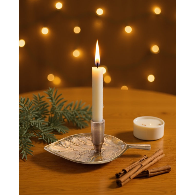 Metal Leaf Taper Candle Holder 8"L, 3.05
