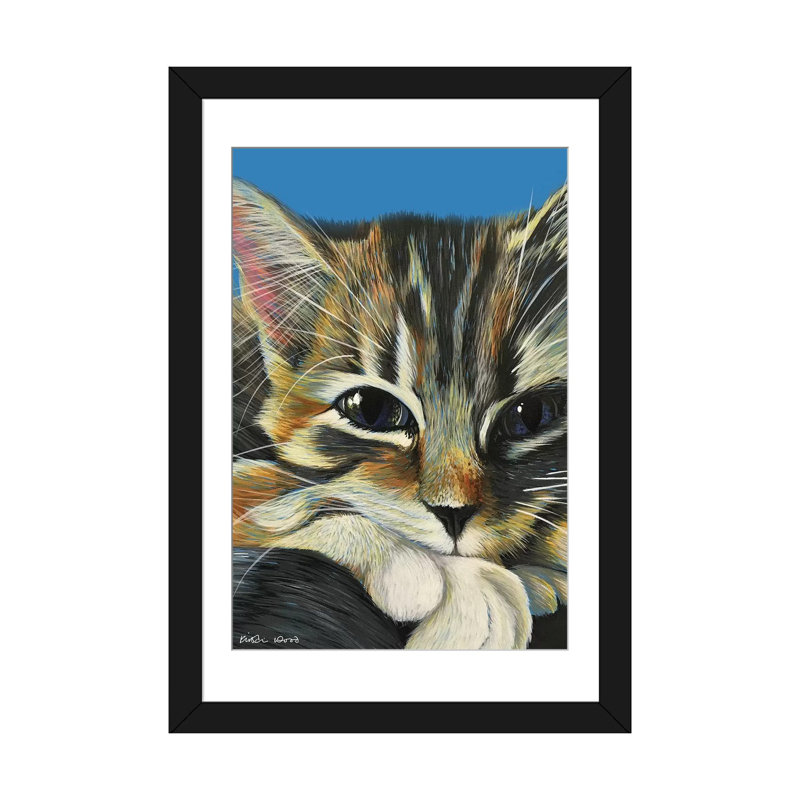 «Tabby on Blue», impression sur toile, H 26 po x l 18 po x P 1,5 po, Papier d'art encadré noir