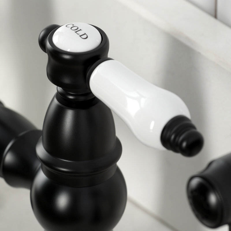 Kingston Brass Bel-Air Two-Handle 4-Hole Deck Mount Bridge Kitchen Faucet With Brass Side Sprayer, Matte Black
