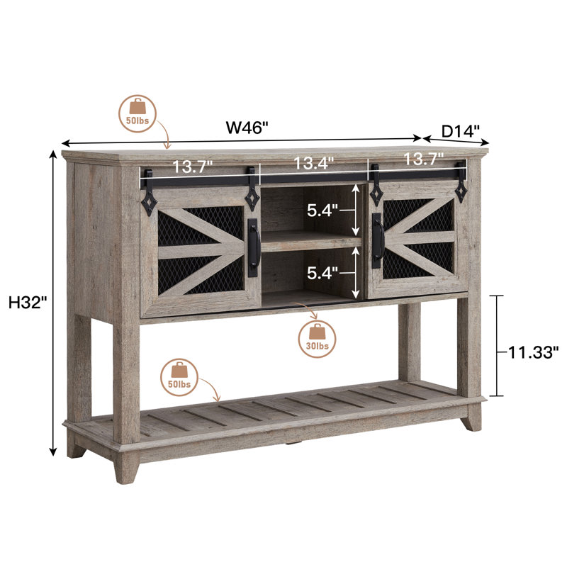 Console de style ferme de 46 po avec porte de grange coulissante Yasmine, Chêne rustique pâle