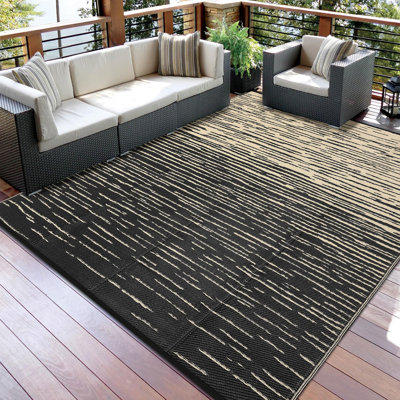 Tapis d'extérieur imperméable 9 x 12 po, tapis de paille en plastique réversible à rayures neutres, tapis extérieur moderne avec support en particules de caoutchouc pour camping, véhicule récréatif, grande cour arrière, terrasse, pique-nique, brun noir