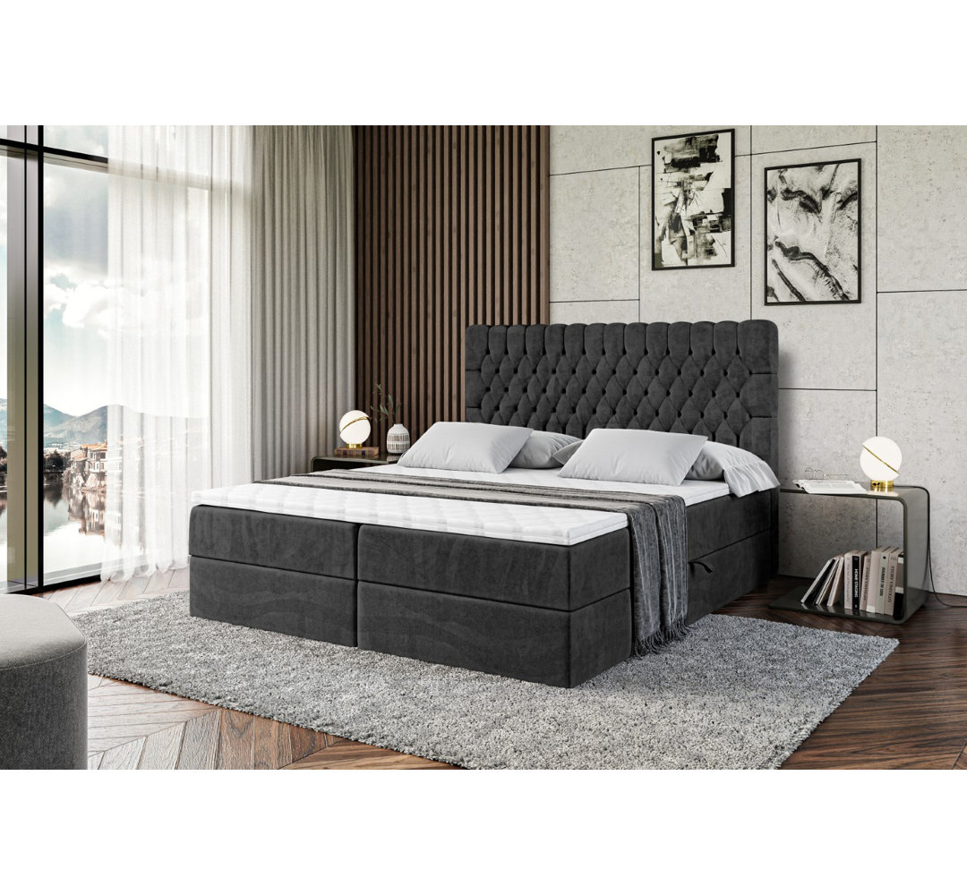 Boxspringbett Ahmik mit H4 Multipocket-Matratze, Bettkasten und Topper