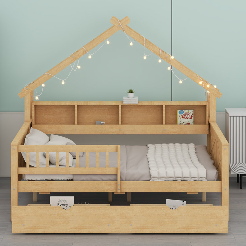 Lits plateforme en bois avec DEL, tablettes de rangement, tiroirs et garde-corps, Naturel