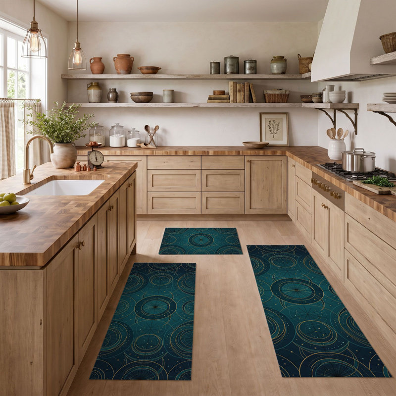 Teal Circles Non-Slip Washable Kitchen Mats