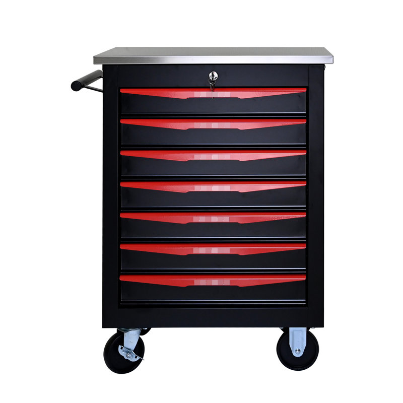 Chariot à outils de garage avec 7 tiroirs et glissières à roulement - fonctionnement en acier thermolaqué verrouillable multifonctionnel noir et rouge 7