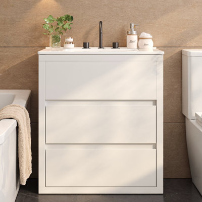 Meuble-lavabo autoportant 30 po avec tiroirs à fermeture en douceur et lavabo en céramique, conception sans poignée, blanc