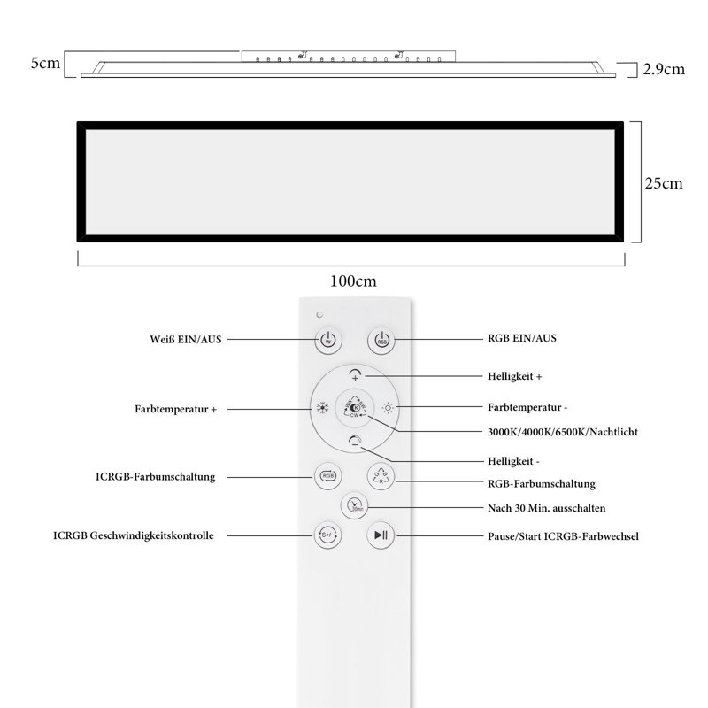 LED Semi Flush Mount, 5cmH x 25cmW x 100cmD, 24 W