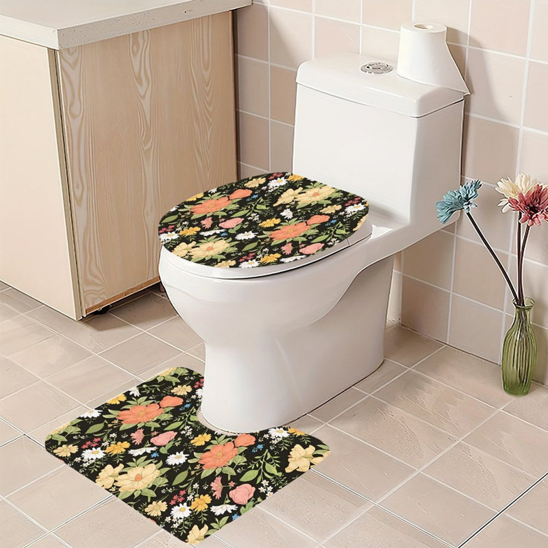 Ensemble de 2 tapis de salle de bain Navajo, Noir / jaune / orange géométrique