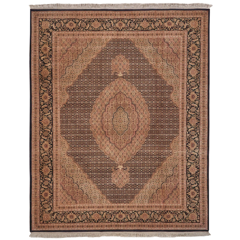 Hand-Knotted Black and Beige Floral Wool 8' x 10' Rug