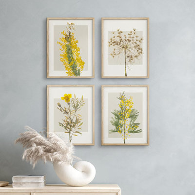 " Framed Flowers Set Of 4 Geometric Square Yellow Forest Wall Decor Prints " 4 - Pieces