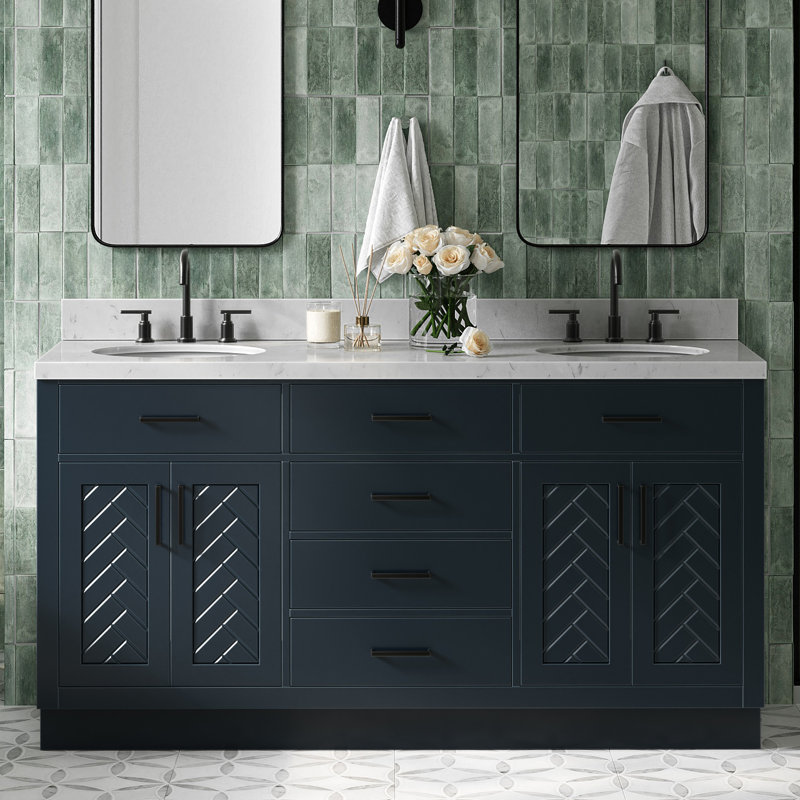 Meuble-lavabo double ovale à chevrons de 66 po avec comptoir en quartz Carrara blanc 1,5 po bleu minuit, Ovale, Bleu minuit