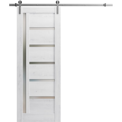 Porte de grange robuste Quadro 4088 Blanc nordique, rail de 2 m (6,6 pi), quincaillerie lourde, porte intérieure à panneau plein, 107 cm x 203 cm (42 po x 80 po), rail argenté.