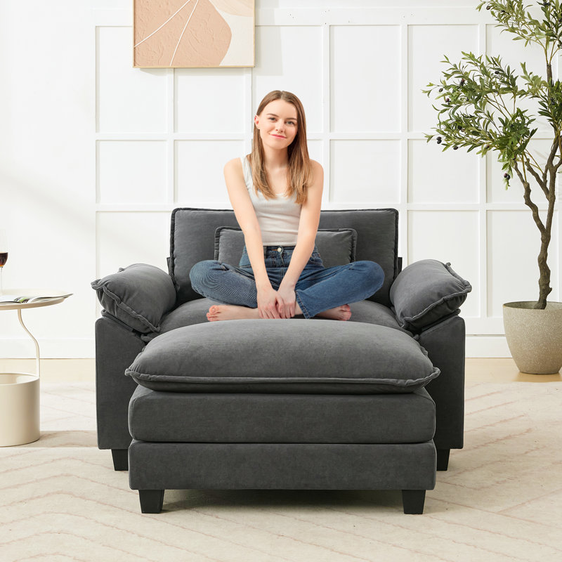  Adonia Arale 53'' Wide Comfy Cloud Couch Single Sofa Chair with Ottoman, Dark Gray
