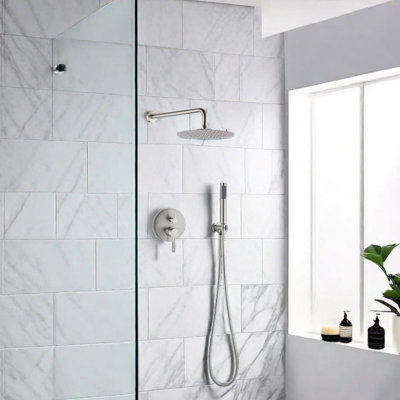 Wall Mounted Round Shower Combo Setwith Pressure Balancing Valve,10" Rain Shower Head And Handheld Shower Head, 2-Handle Control, Adjustable Holder