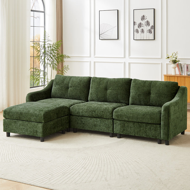 Modern Chenille L-Shaped 3 Seater Sofa With Removable Ottoman  , Green