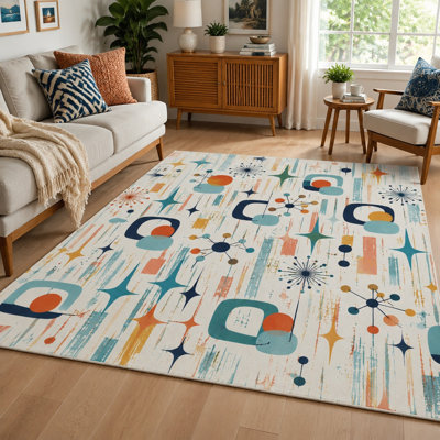 1Pcs Retro Atomic Starburst & Mid-Century Modern Shapes Area Rug, Geometric Abstract Pattern for Living Room, Bedroom, Office, Durable Easy Clean, Non-Slip Backing for home detor