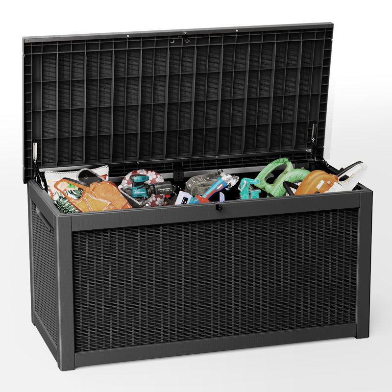Coffre de terrasse verrouillable de style rotin de 260 gallons avec couvercle à fermeture en douceur hydraulique, résine résistante à l'eau