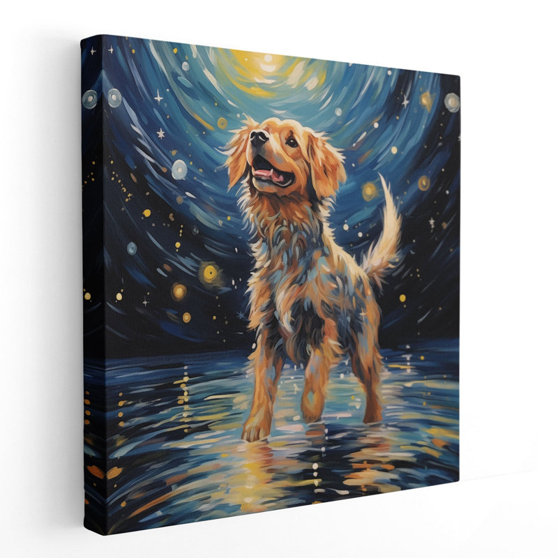 «Starry Night», impression de rêverie canine, Cadre flottant noir, H 30 po x l 30 po x P 1,25 po