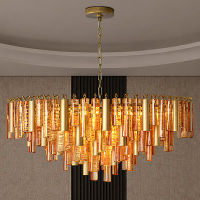 Lustre 13 lumières 34 "avec abat-jour en verre ambré fabriqué à la main et finition laiton antique
