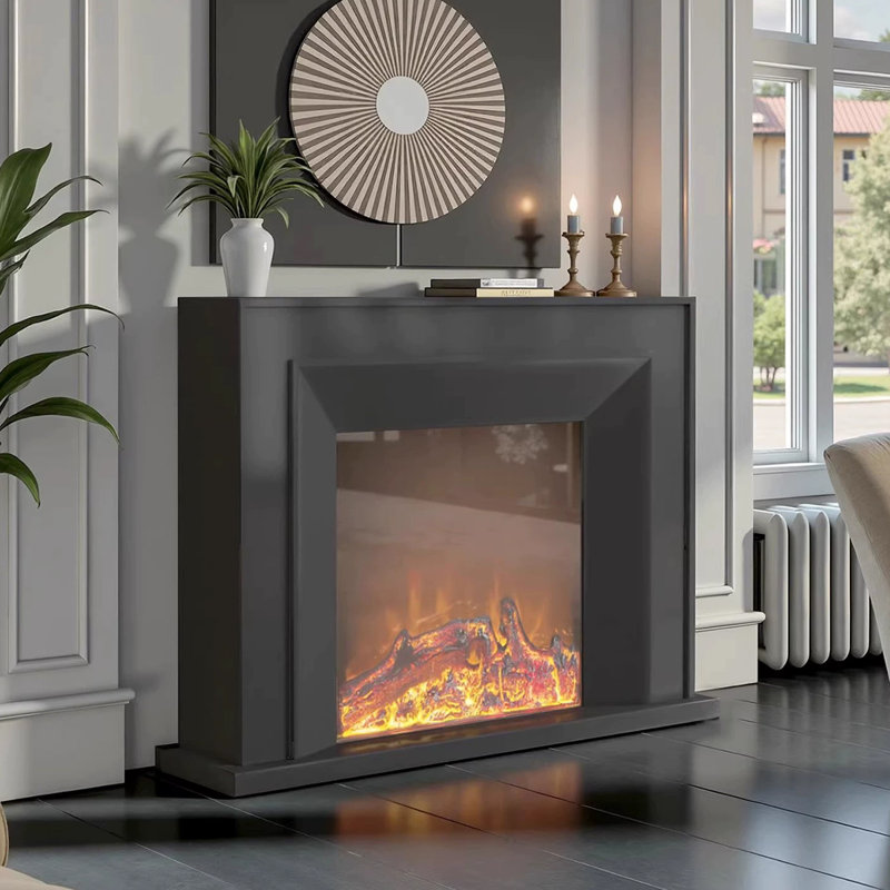 Black Solid Wood Electric Fireplace