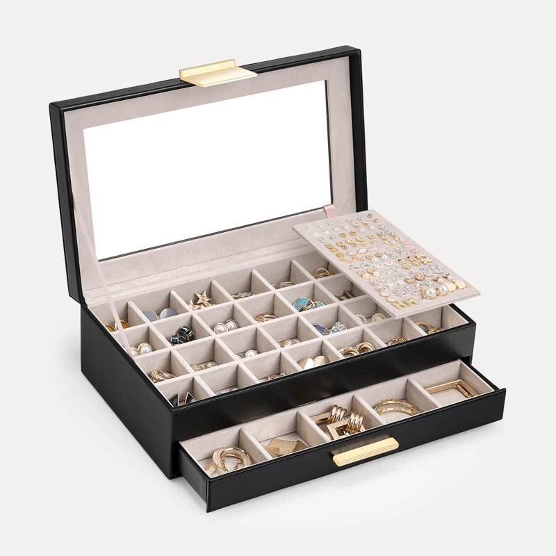 Boîte de rangement pour boucles d'oreilles avec couvercle en verre - 2 niveaux, noir, 2-Layer, Noir