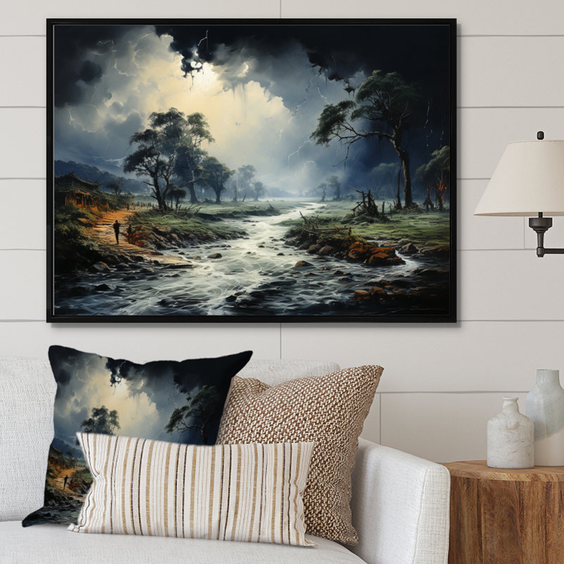 Tempête verte, déluge torrentiel sur toile, Cadre flottant noir, H 34 po x l 44 po x P 1,5 po